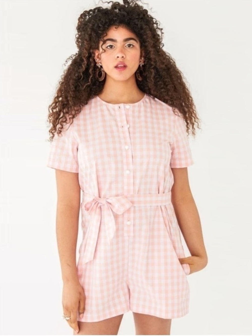 NWOT - Ban.do - Gingham Tie Waist Romper - Pink
